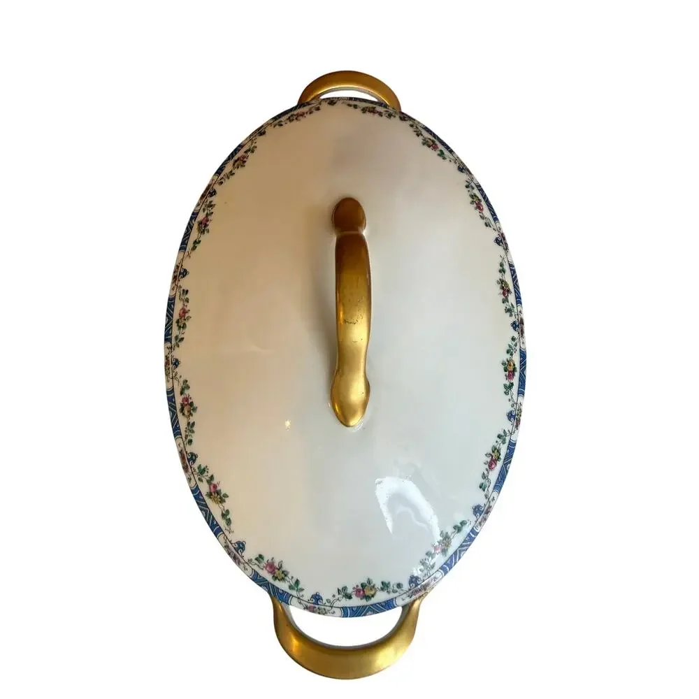 Vintage T&V Limoges France Oval Lidded Dish Blue Vine Pattern Gold Handles